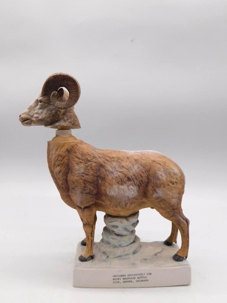 Rocky Mountain Bottle Club Bighorn Ram: A porcelain whiskey decanter sculpted as a bighorn ram, the horns curled and the coat carefully painted. The base is marked "Designed Exclusively for Rocky Mountain Bottle Club, Denver, Colorado" and