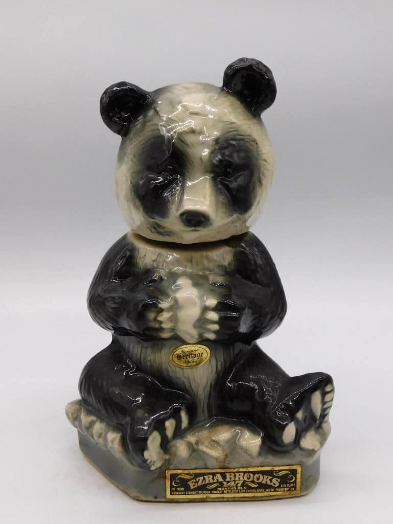Ezra Brooks Panda Bear Heritage Series: An Ezra Brooks Heritage series ceramic decanter modeled as the head and shoulders of a panda bear, glazed in plain black and white to good effect. Approximately 10 to 11 inches tall by the ruler