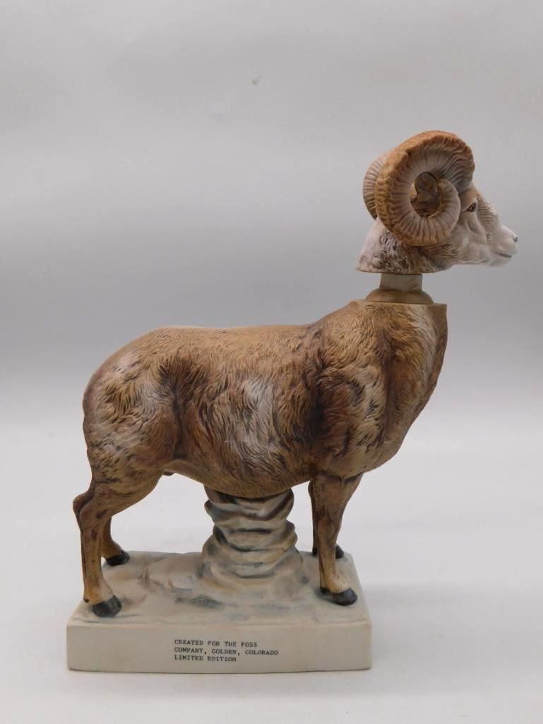 Foss Company Golden Colorado Bighorn Ram: A ceramic decanter modeled as the bust of a bighorn ram, the fur texture and curled horns hand-painted with a particular eye. Marked "Created for the Foss Company, Golden, Colorado, Limited Edition."