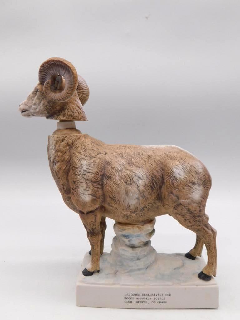 Rocky Mountain Bottle Club Bighorn Ram: A porcelain decanter modeled as a bighorn ram, his horns curled and his stance sure. The detail and color are good, and the piece carries itself well upon a shelf. The base marked "Designed