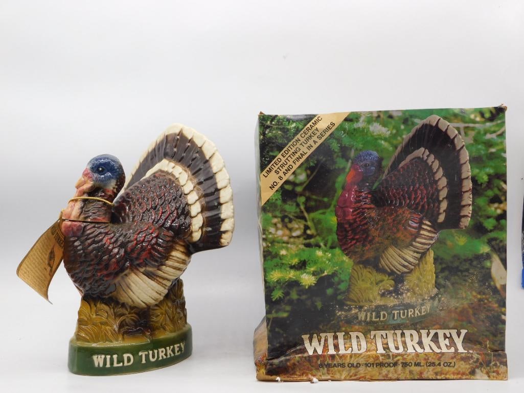 Wild Turkey Ceramic Decanter, Fanned: A hand-painted ceramic decanter modeled as a wild turkey in full strut with a fanned tail, produced for Wild Turkey Kentucky Straight Bourbon and retaining its original hang tag. See photos for exact 