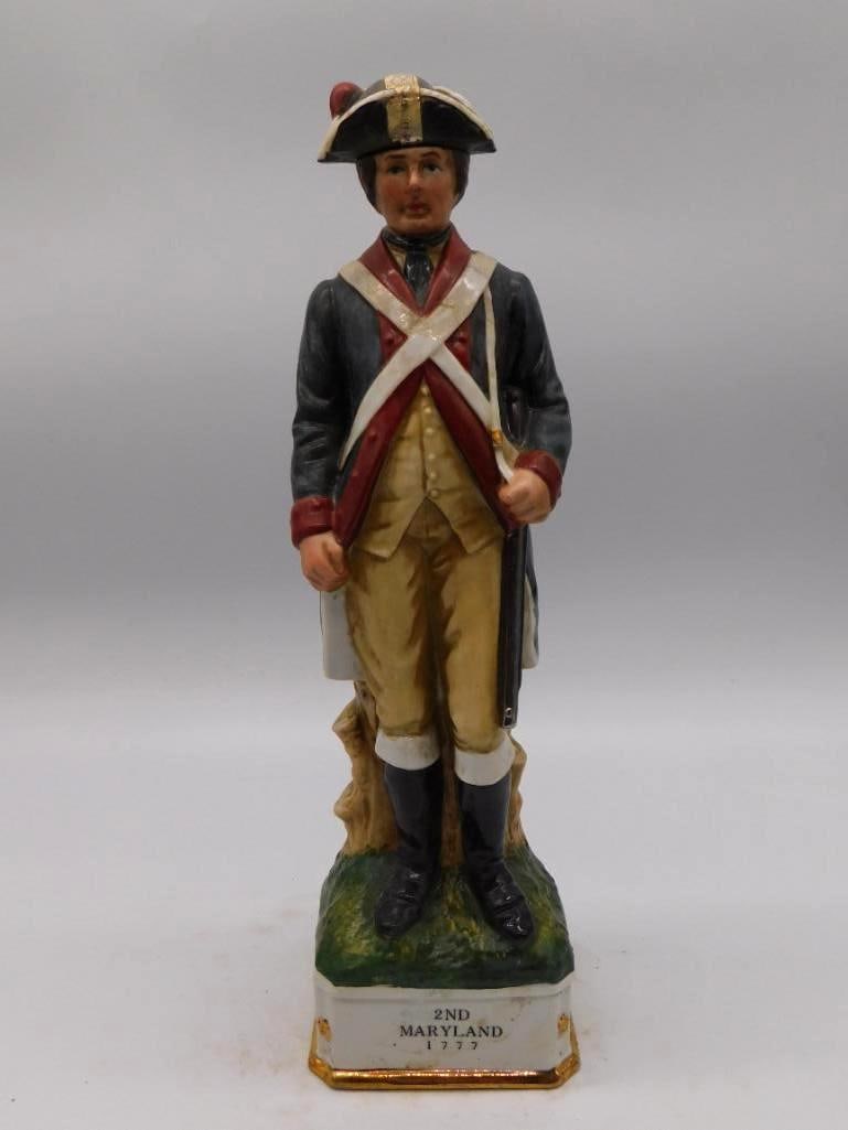 Grenadier 2nd Maryland 1777 Continental: A hand-painted porcelain decanter from the Grenadier Spirits Co. depicting a Continental Army soldier of the "2nd Maryland, 1777." The uniform is rendered with a careful hand, and the figure carries