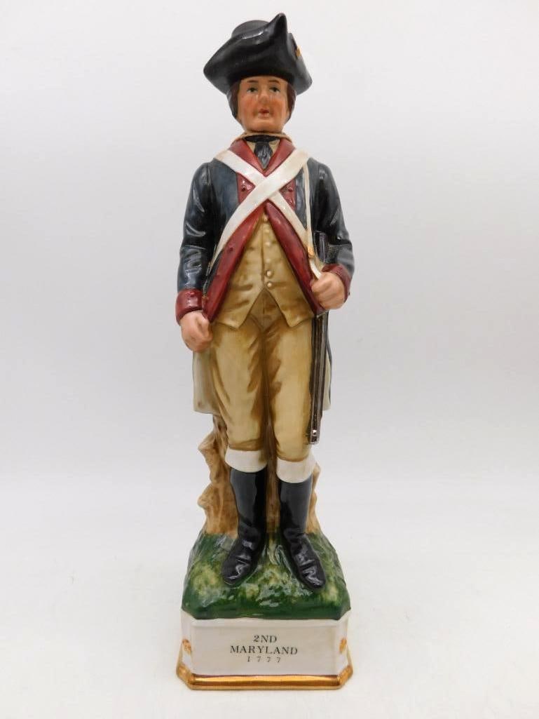 Grenadier 2nd Maryland 1777 Continental: A Grenadier Spirits decanter modeled as a Continental soldier of the 2nd Maryland, 1777, standing at ease with his musket and crossed white belts, a tricorne squared on his head. The hand painting is