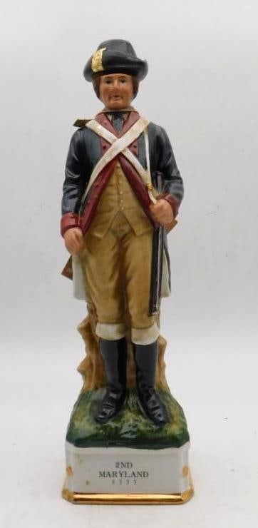 Grenadier 2nd Maryland 1777 American: A trim Grenadier Spirits decanter modeled as a Continental soldier of the 2nd Maryland, 1777, in cocked hat, blue coat, and crossed white belting. The painting is careful throughout, from the buff fac