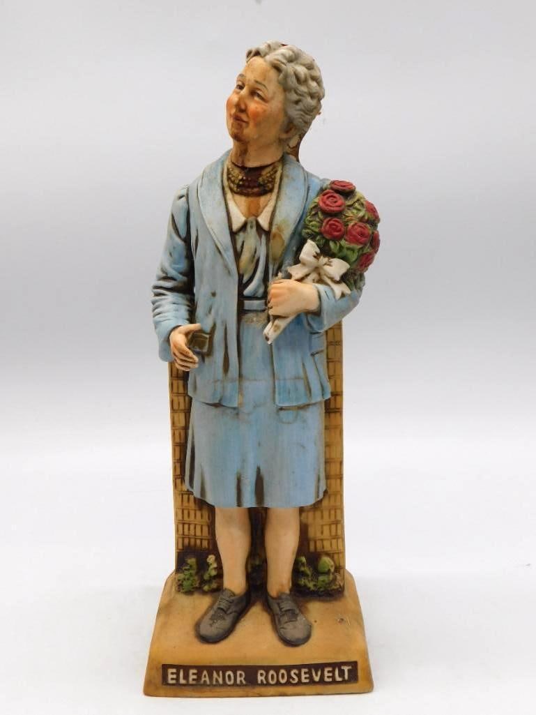 Eleanor Roosevelt Portrait Ceramic: A ceramic decanter rendered as Eleanor Roosevelt in a light blue suit, a bouquet of roses in her hands, set before a wicker-textured backdrop with a title plaque at the base. A dignified likeness,