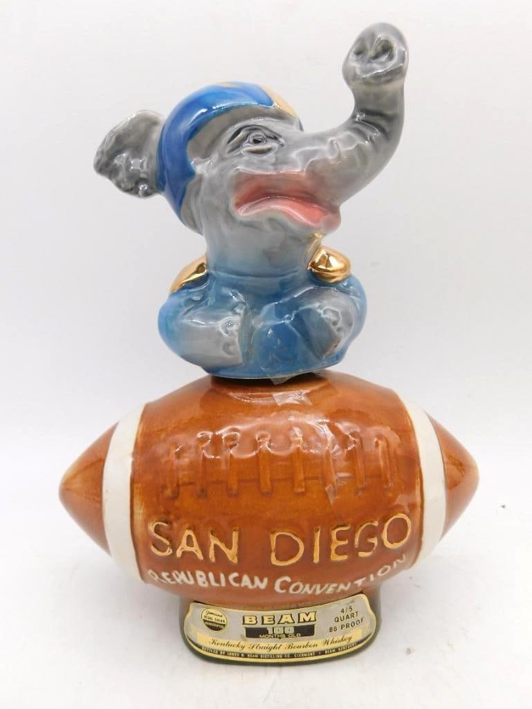 Jim Beam 1972 San Diego Republican: A jaunty Jim Beam Regal China decanter for the 1972 Republican Convention at San Diego, the party elephant in helmet and jersey seated atop a football with one arm raised. The gold trim and blue