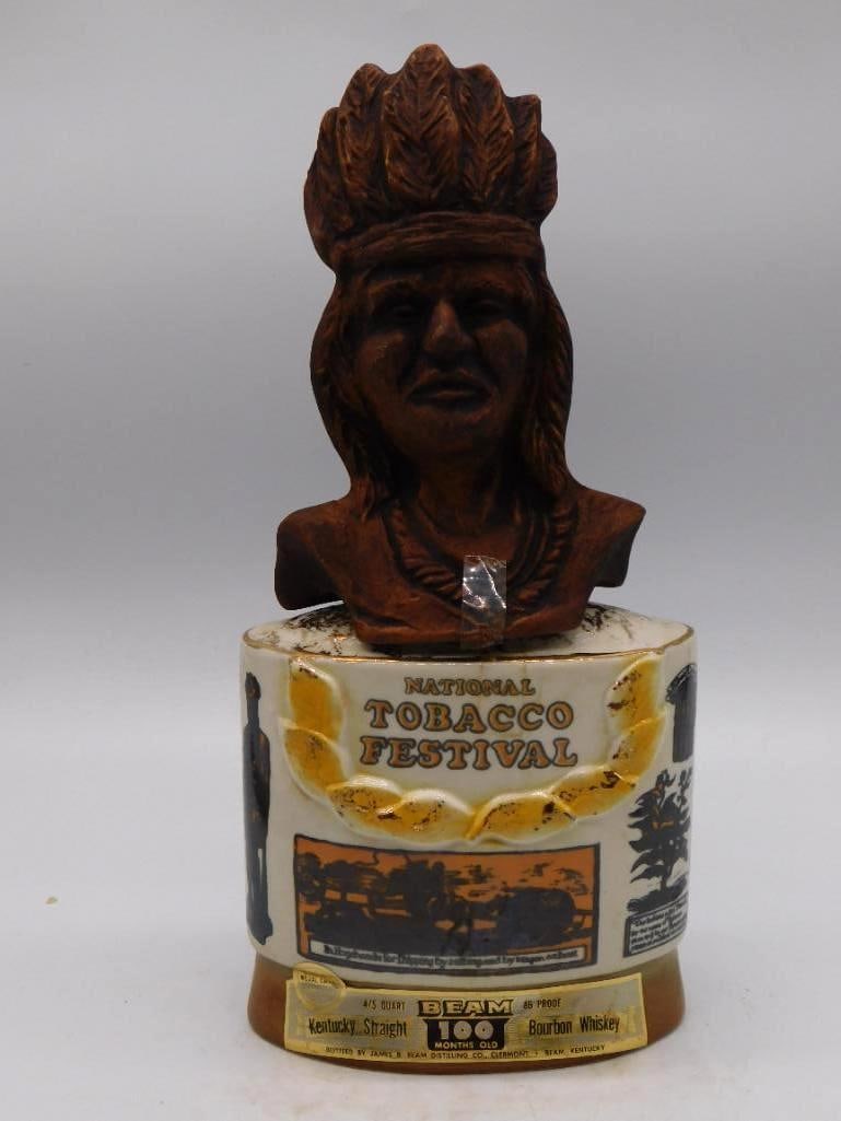 Jim Beam 25th Natl Tobacco Festival: A Jim Beam Kentucky Straight Bourbon Whiskey decanter commemorating the 25th Annual National Tobacco Festival at Richmond, Virginia, 1973. The ceramic body is topped with a carved wood-look portrait
