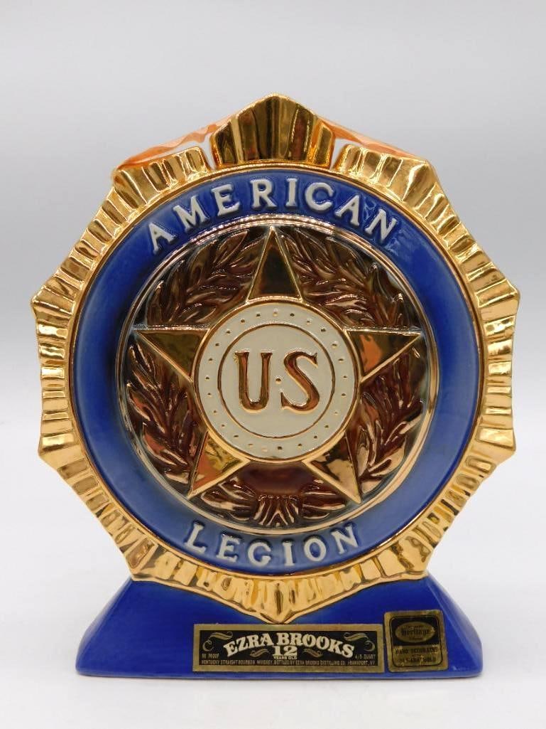 Ezra Brooks American Legion 53rd: An Ezra Brooks decanter commemorating the American Legion's 53rd National Convention, held at Houston, Texas in 1971, with a gold-tone Texas medallion set upon a blue ground. Measures approximately