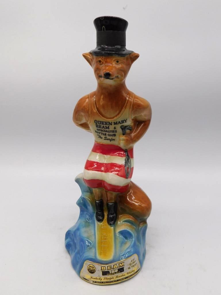 Jim Beam Queen Mary Bottle Club The: A jaunty Jim Beam bottle rendered as a fox in a striped bathing costume and black silk hat, perched upon a curl of blue surf. The jersey reads Queen Mary Beam and Specialties Bottle Club, The Surfer, 