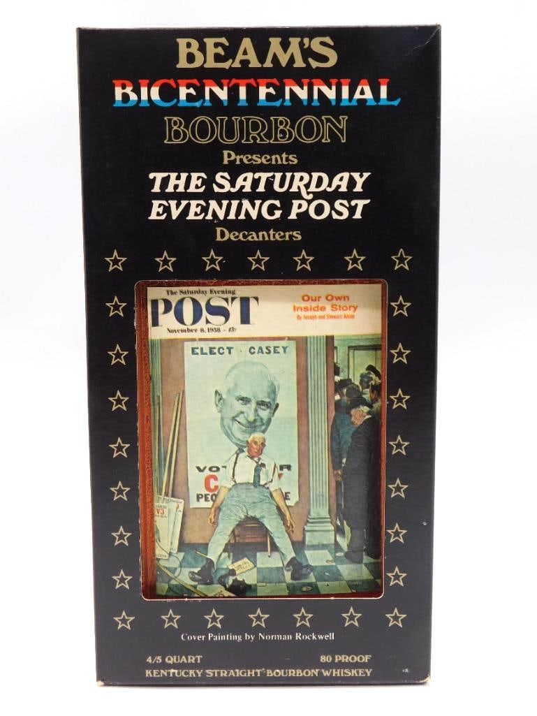 Jim Beam Bicentennial Saturday Evening: Jim Beam's Bicentennial Bourbon decanter from The Saturday Evening Post series, bearing Norman Rockwell's "Elect Casey" cover of November 8, 1958. Ceramic, in an embossed leather-look finish, 100