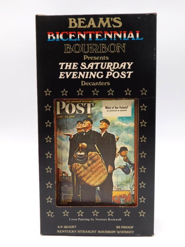 Jim Beam Bicentennial Saturday Evening: A Jim Beam Bicentennial Bourbon decanter from The Saturday Evening Post series, carrying Norman Rockwell's cover of April 23, 1949, What of Our Future? The ceramic body wears an embossed leather-look