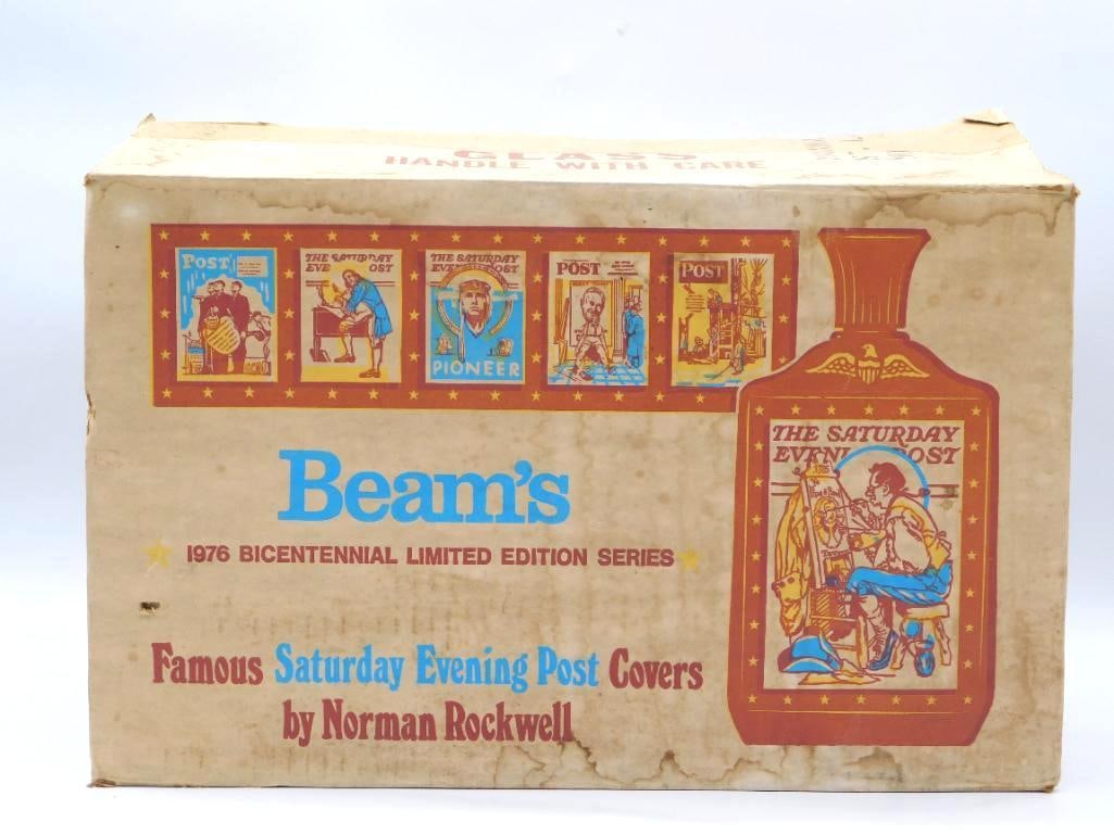 Jim Beam Bicentennial Norman Rockwell: A vintage cardboard shipping and display case printed with images from Beam's 1976 Bicentennial series, "Famous Saturday Evening Post Covers by Norman Rockwell," offered together with a smaller James 