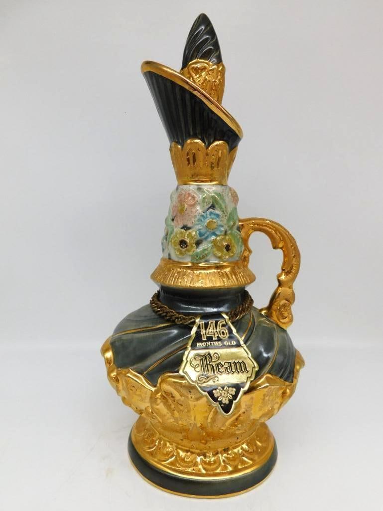 Jim Beam 146 Months Regal China Gold: A capital Jim Beam Regal China ewer in gold luster, the neck banded with hand-painted blooms and finished with a gold chain. Marked 146 Months Old Kentucky Straight Bourbon Whiskey and standing