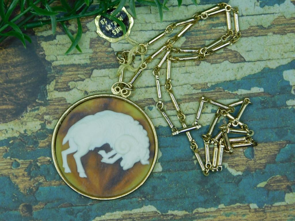 ARIES PENDANT ON CHAIN NECKLACE ROCK STONE LAPIDARY SPECIMEN: We are an auction house conducting a live auction with several hundred lots. It sometimes takes up to three weeks to ship, and announcements are made during the auction that affect some items. *******