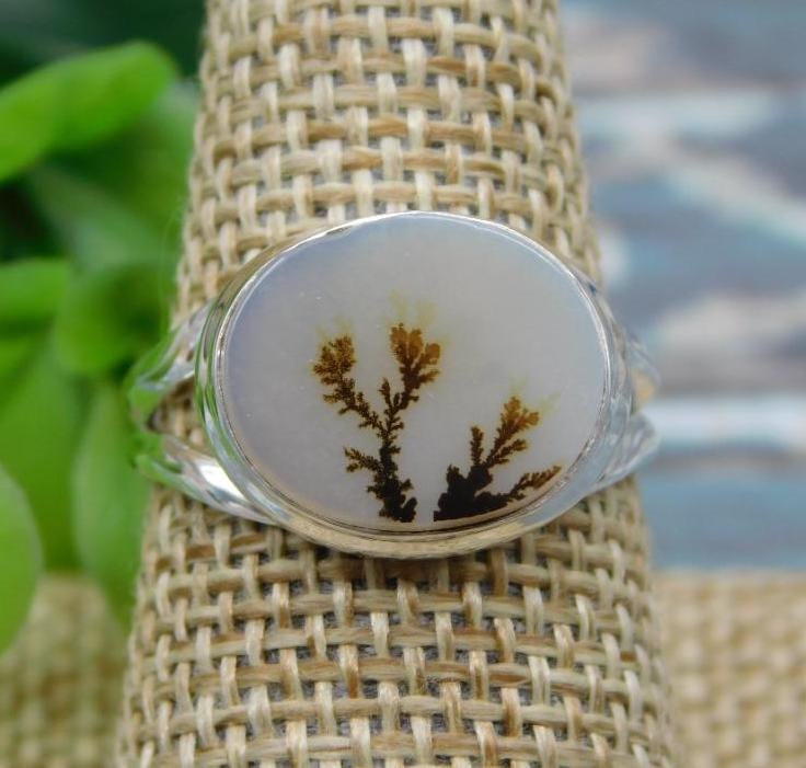 STERLING SILVER PLUME AGATE RING ROCK STONE LAPIDARY SPECIMEN: STERLING SILVER PLUME AGATE RING ROCK STONE LAPIDARY SPECIMEN
