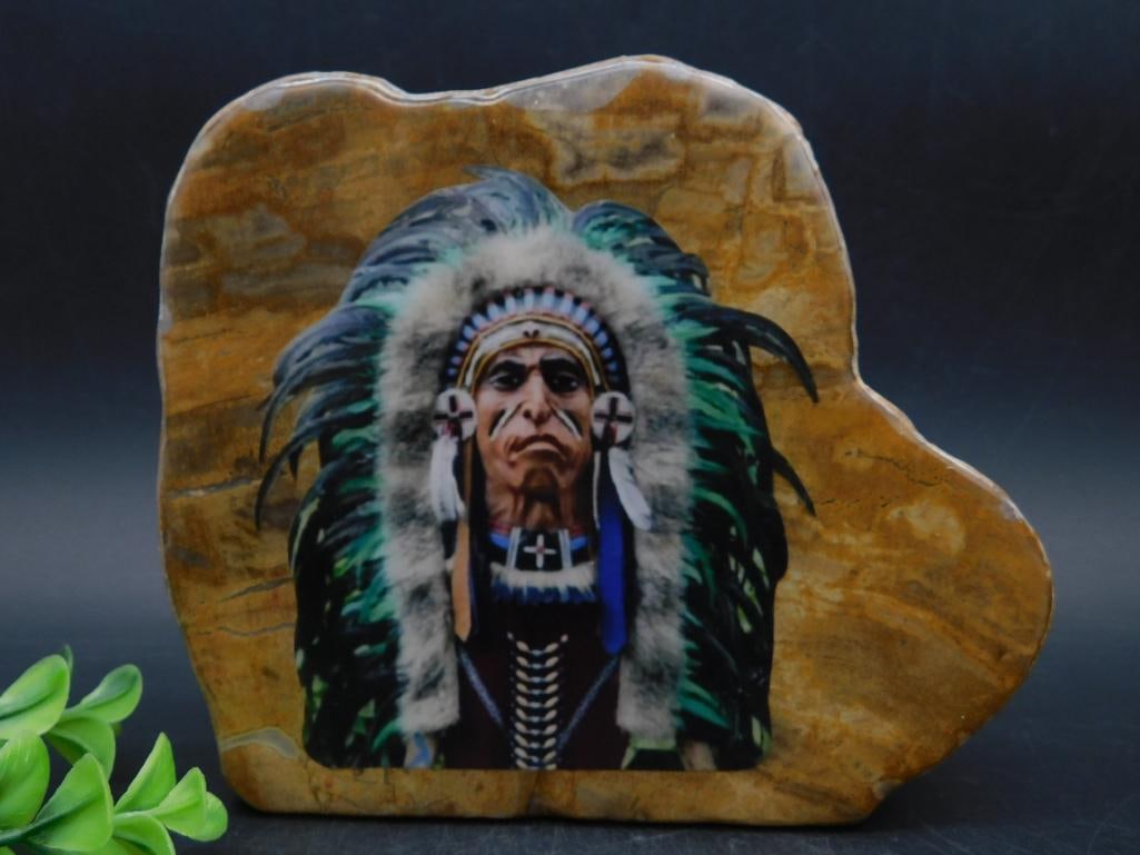 PETRIFIED WOOD SLAB WITH CHIEF ROCK STONE LAPIDARY SPECIMEN: Petrified Wood Slab With Chief Rock Stone Lapidary Specimen. See photos for exact size and condition.
