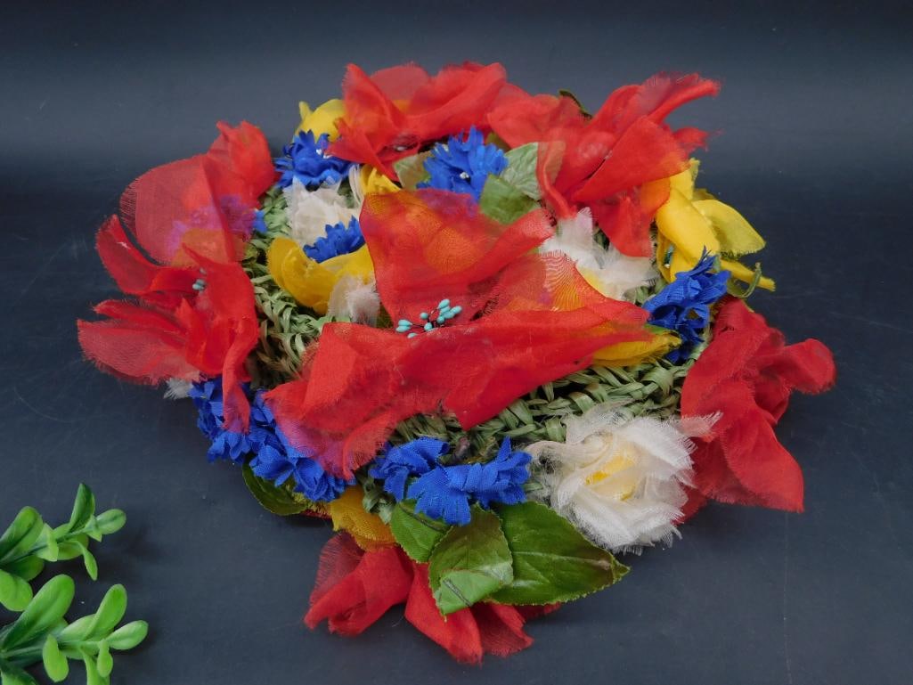 Handcrafted Floral Hat with Multicolor Fabric Flowers: Handcrafted Floral Hat With Multicolor Fabric Flowers ? Authentic estate find offered in our online auction. Perfect for collectors, resellers, and enthusiasts of vintage, antiques, minerals, rocks,