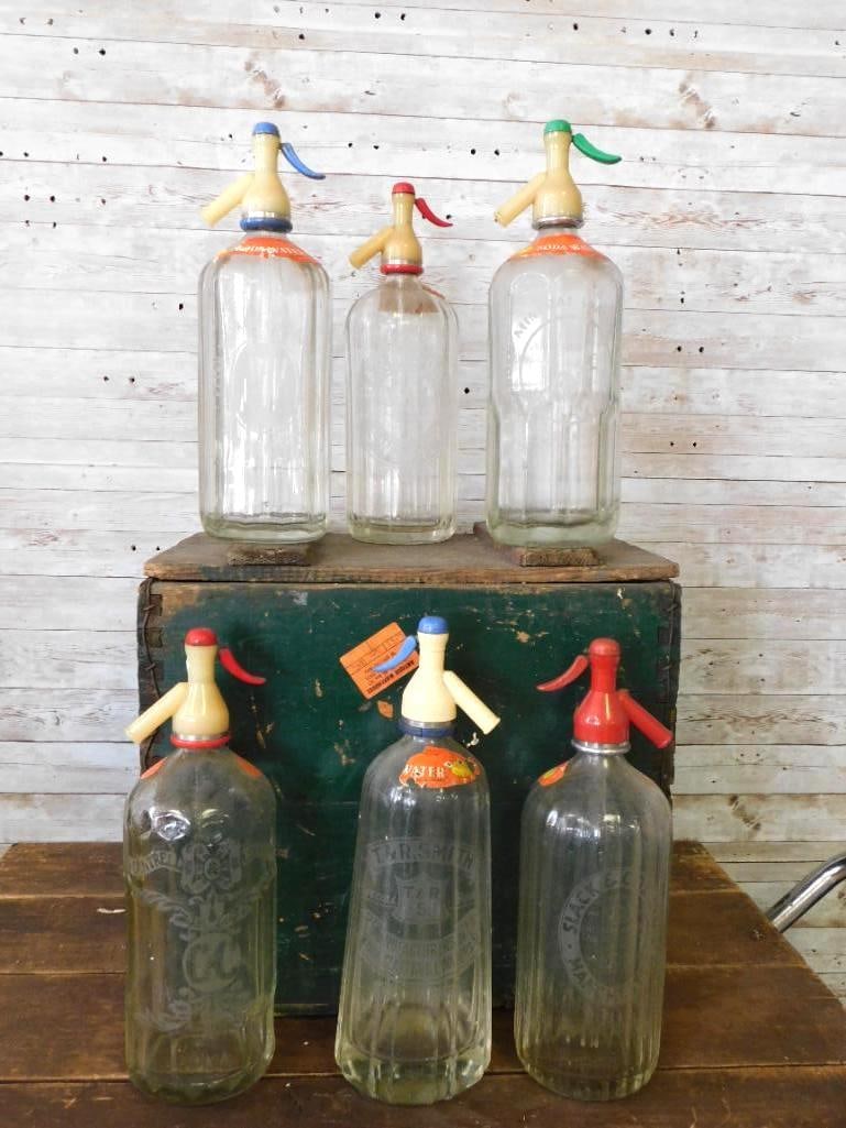 Antique Glass Soda Syphon Bottles, Lot of 6 in Wood Crate (1 of 7)