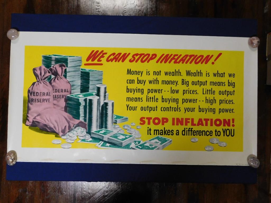 53X28 1951 THE SHELDON-CLAIRE COMPANY INFLATION ADVERTISING POSTER VINTAGE ANTIQUE: 53X28 1951 The Sheldon-Claire Company Inflation Advertising Poster Vintage Antique. See photos for exact size and condition.
