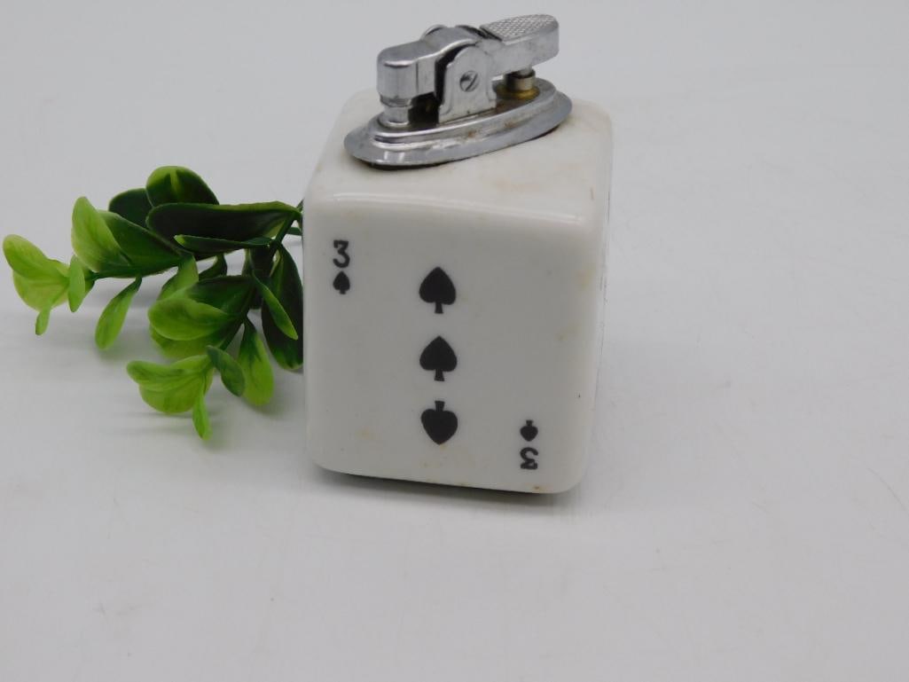 CERAMIC PLAYING CARD DICE TABLE LIGHTER VINTAGE ANTIQUE: Ceramic Playing Card Dice Table Lighter Vintage Antique. See photos for exact size and condition.