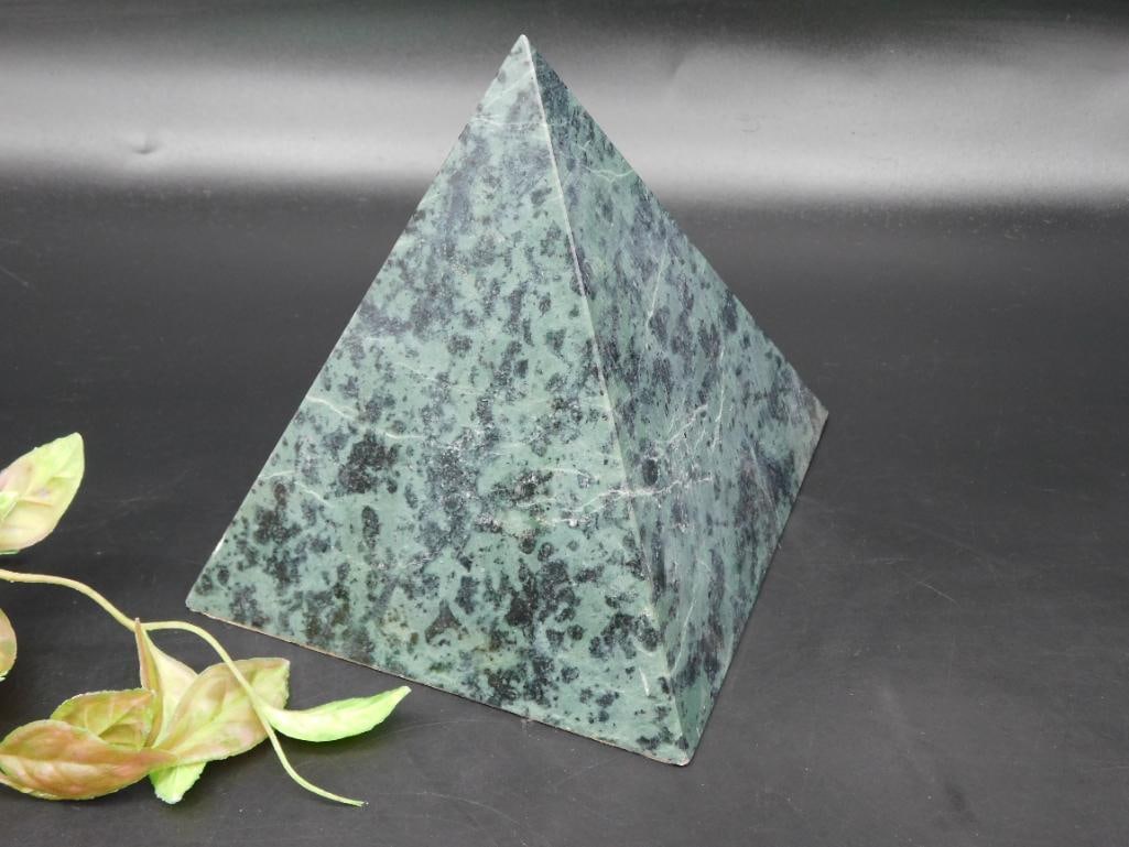 Green Stone Pyramid Sculpture With Patterned Surface - 4