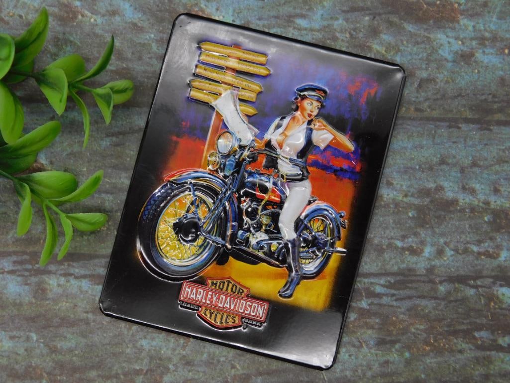 Harley-Davidson Metal Tin Magnet with Pin-Up Artwork: Harley-Davidson Metal Tin Magnet with Pin-Up Artwork