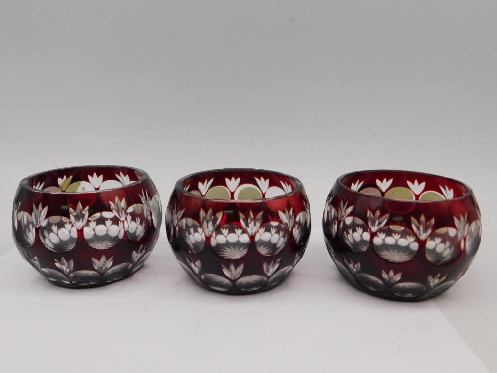 RUBY BOHEMIAN CUT TO CLEAR CRYSTAL CANDLE HOLDERS VOTIVE BOWLS VINTAGE ANTIQUE: Ruby Bohemian Cut To Clear Crystal Candle Holders Votive Bowls Vintage Antique. See photos for exact size and condition.
