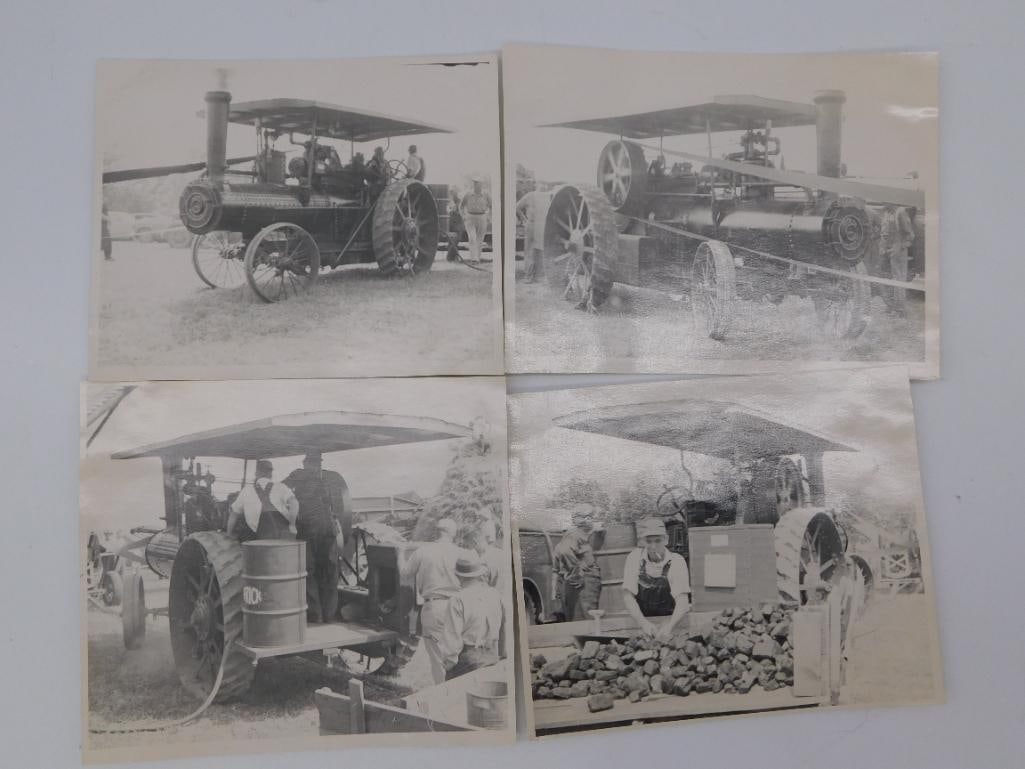 Vintage Photograph Lot, Antique Steam Traction Engine: Four black and white photographs documenting an antique steam traction engine at a working exhibition, including close-up mechanical views and operators at a threshing display. Photos show typical