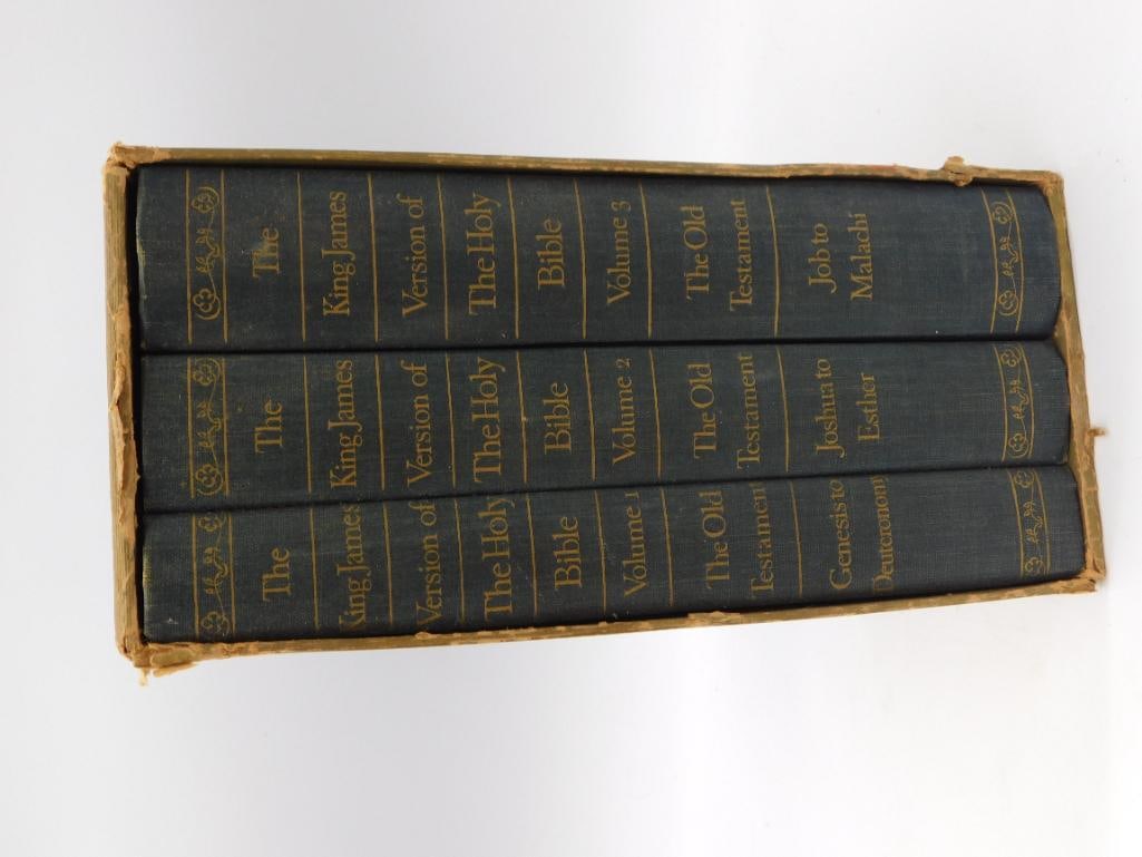 Book - The King James Version of the Holy Bible, 3 Volume Limited Editions Club Set: Three-volume Limited Editions Club printing of the King James Bible, 1935, New York, with the Old and New Testaments and Apocrypha. Housed in original slipcase, includes a laid-in devotional image of 