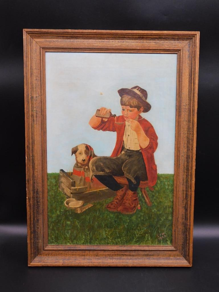 FRAMED SICK PUPPY PRINT VINTAGE ANTIQUE (1 of 6)