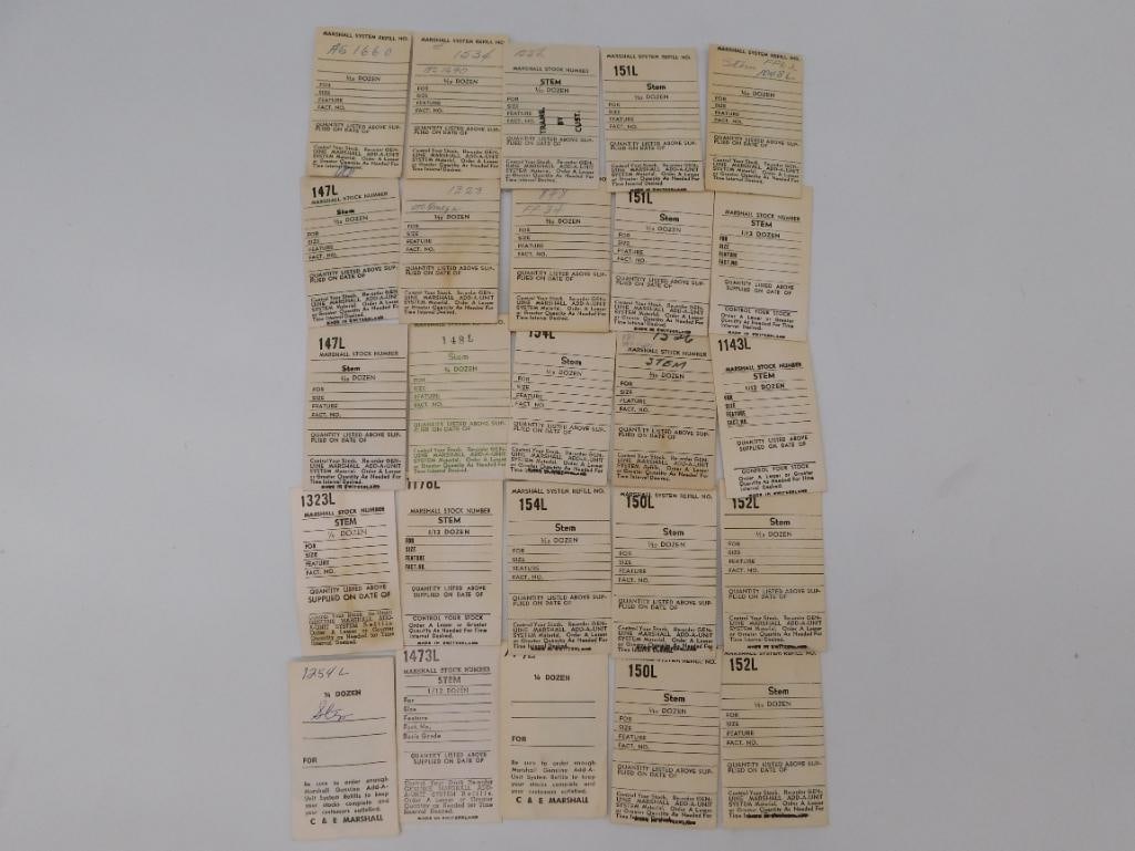 Antique Watch Parts: Vintage Marshall Stem Refill Cards & Stems: Mixed lot of vintage watchmaker's repair supplies including a set of 3 brass and steel watch crown stems, each roughly 1.5-2 inches long, and a large group of 'Marshall System' and 'C&E Marshall' watc