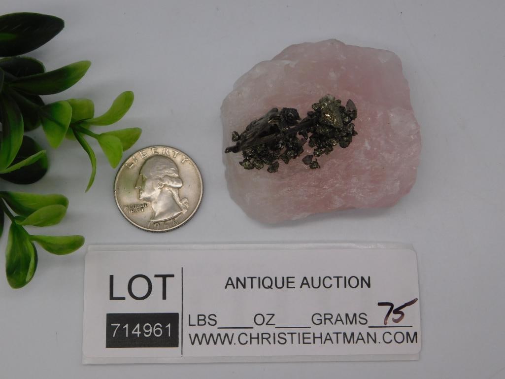 Figurine - Miner on Rose Quartz Base with Pyrite Ore Clusters - 2