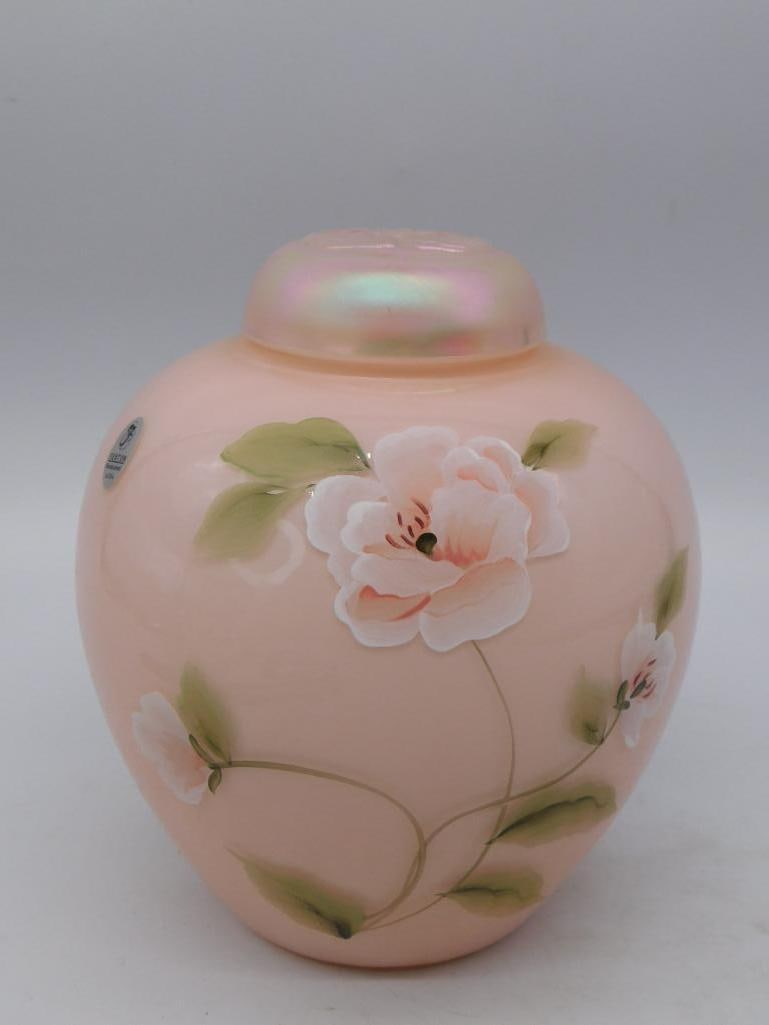Fenton Hand-Painted Pink Floral Ginger Jar, Glass Messenger 2002 (1 of 3)