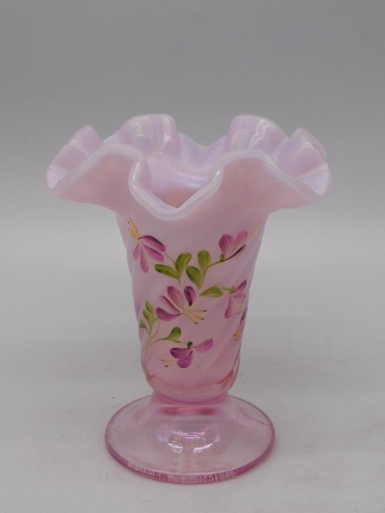 Fenton Green Carnival Glass Rose Covered Dish, Hand-Painted: Iridescent green carnival glass covered dish molded in a rose blossom form with hand-painted white floral accents and a leaf-form finial, by Fenton. The base is signed "Hand-painted by T. Kelley," wit