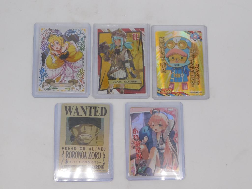 Toy One Piece Anime Trading Card Lot of 5: Lot of five collectible anime trading cards featuring One Piece characters, including a "Wanted: Roronoa Zoro" foil card, a holographic "Beast Mother" card, and additional character cards in