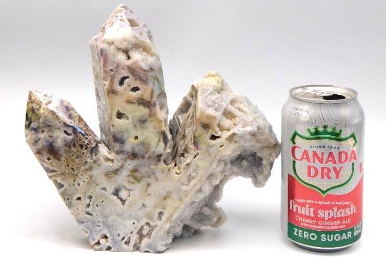 Crystal Cluster - Iridescent Aura Quartz Specimen, Large: Large natural quartz crystal cluster with a shimmering iridescent "aura" coating in pastel pink, blue, and gold tones, showing deep druzy pockets throughout. Measures approximately 7 inches wide and