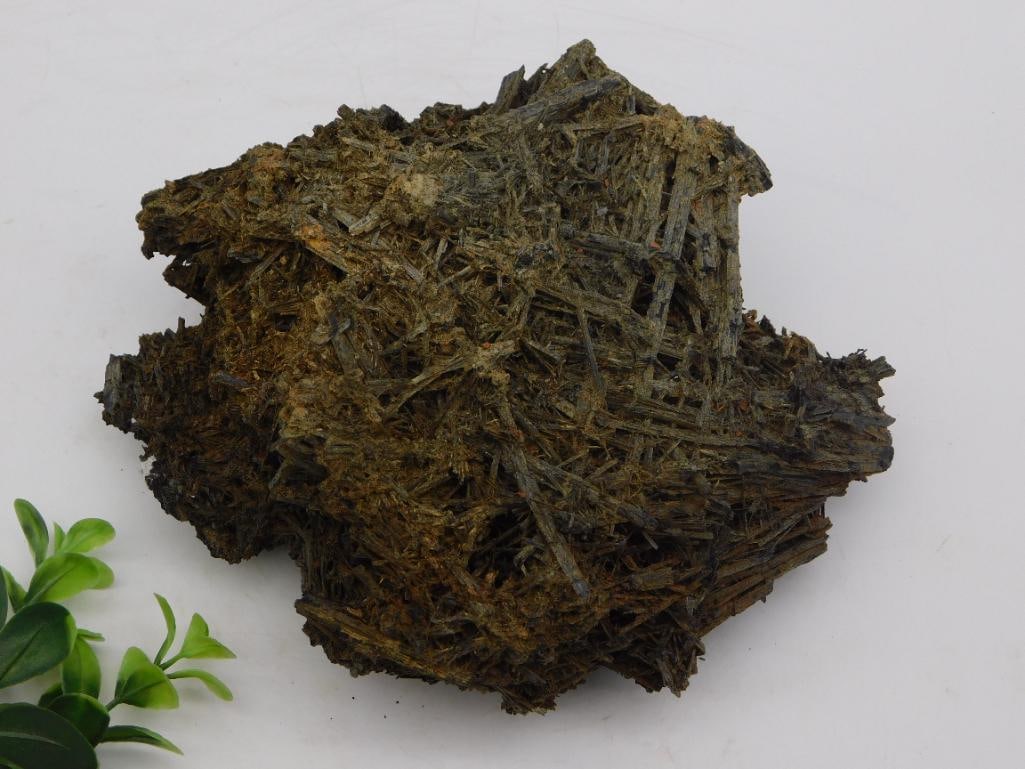 Mineral Specimen - Natural Bladed Crystal Cluster: Natural raw mineral specimen composed of a dense cluster of bladed, fibrous brown-to-black crystals radiating outward in multiple directions. The lot tag lists a weight of approximately 2 lbs. Ruler