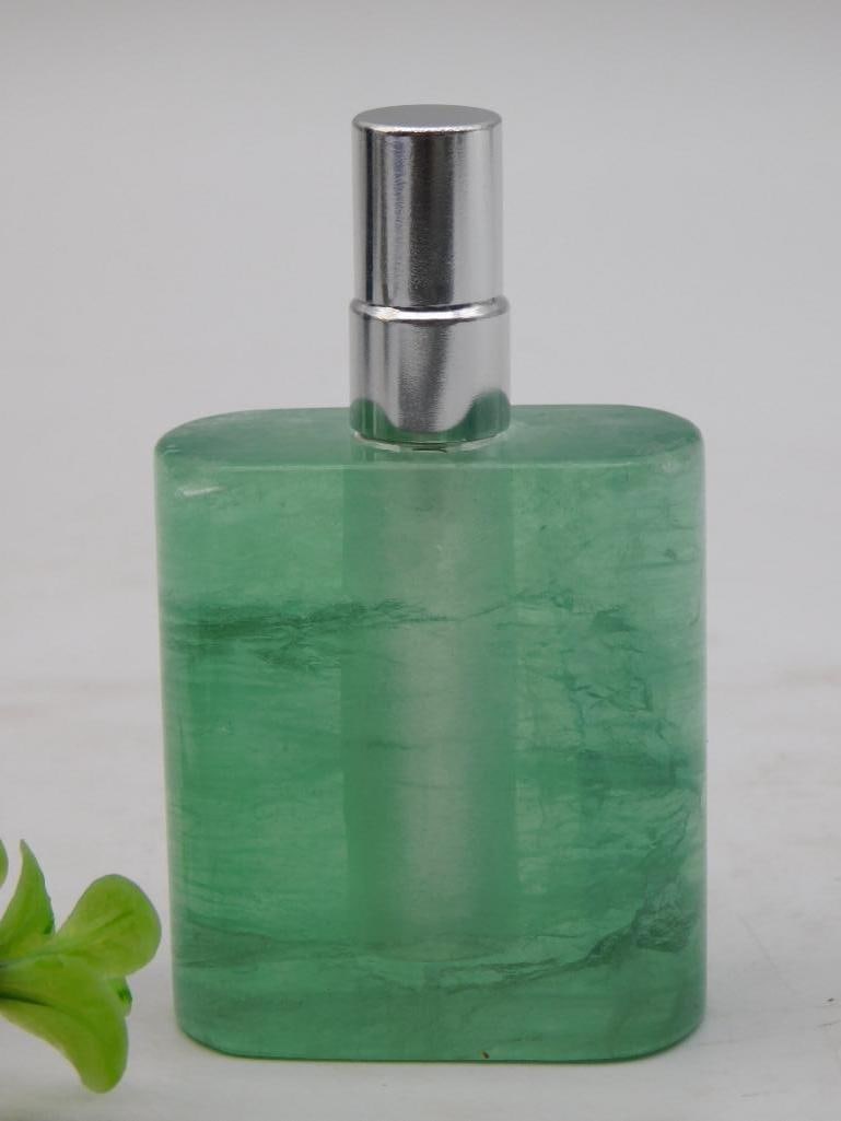 Crystal Green Stone Perfume Bottle Atomizer, Silver Top: Carved perfume atomizer bottle in a green banded stone (aventurine or dyed quartz/fluorite type material) fitted with a silver-tone spray pump top. Rectangular form stands approximately 3.5 inches