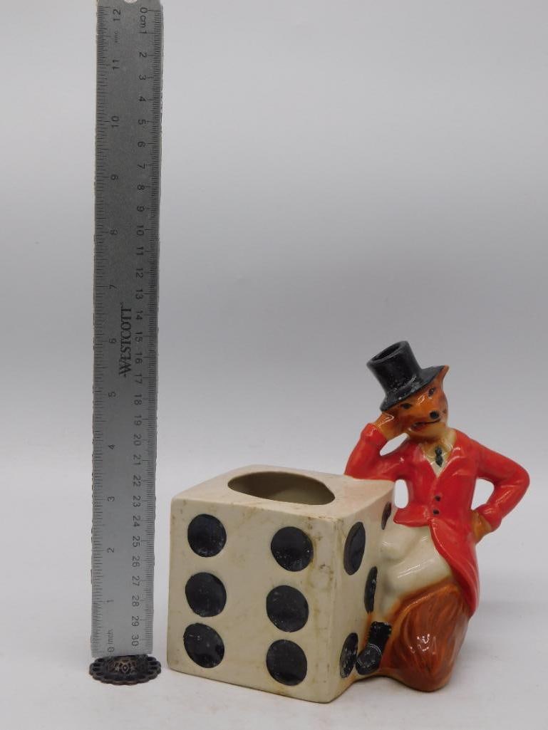 Ceramic Fox Hunter Figurine with Large Dice Toothpick Holder - 3