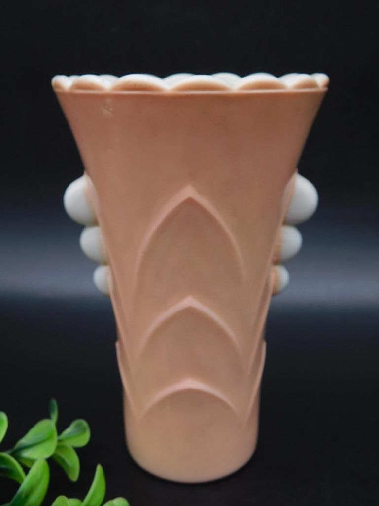 PINK AND WHITE FIRE KING SCALLOPED VASE VINTAGE ANTIQUE: Pink And White Fire King Scalloped Vase Vintage Antique. See photos for exact size and condition.