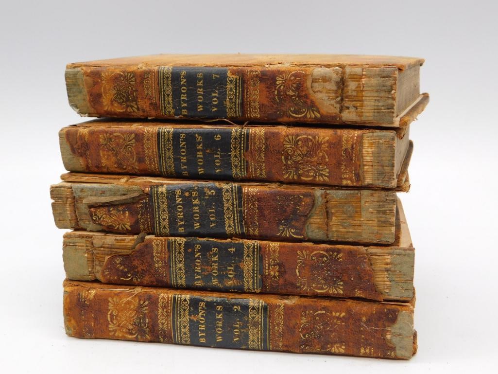 Antique Leather-Bound Byron's Works Book Set, 5 Volumes: Set of five antique leather and marbled-boards bound volumes titled "Byron's Works," Vols. 2, 4, 5, 6, and 7, with gilt-decorated spines. Interior shows an engraved frontispiece "The Works of the Righ