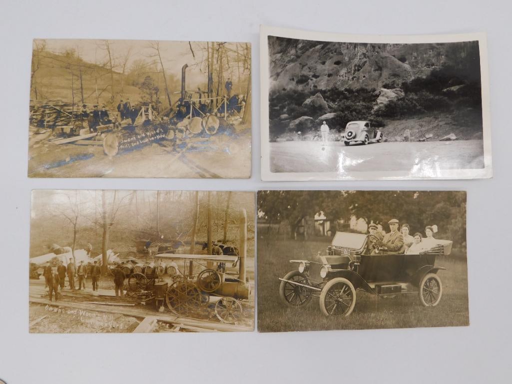 Antique Sepia Photo Postcard Lot, Sawmill and Early Automobiles: Four early 20th-century sepia-toned real photo postcards depicting a steam-powered sawmill operation ('Owens and Wood's Mill'), an early automobile on a rocky road, and a family group in a Model