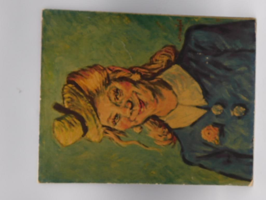 Small Oil Painting Portrait of a Girl: Small hand-painted oil portrait on board depicting a young girl in a bonnet and dark dress against a green background, with an artist signature at upper right. Colors are bright with visible impasto