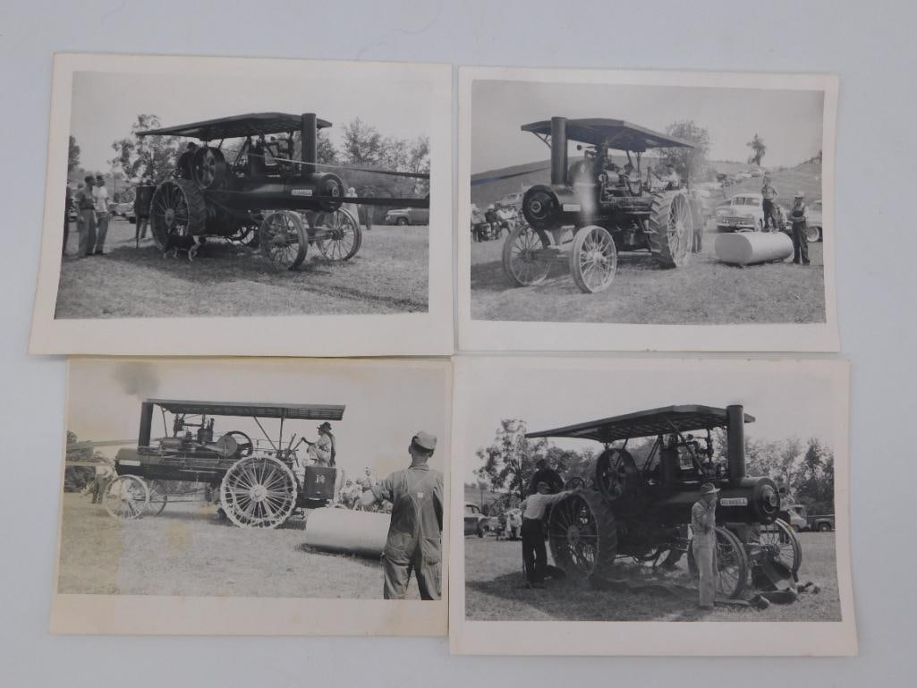 Photographs - Vintage Steam Traction Engine Photo Group, Set of 4: Group of four black and white vintage photographs depicting a steam traction engine at an antique engine/tractor show, with onlookers, period automobiles, and a steamroller in the background. Photos