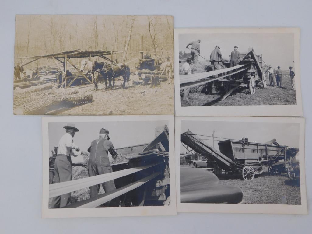 Antique Photograph Lot - Farm Threshing and Logging Scenes: Four antique black and white and sepia-toned photographs depicting early 20th century farm labor, including a horse-drawn logging operation with a steam-powered saw rig and men operating a mechanical