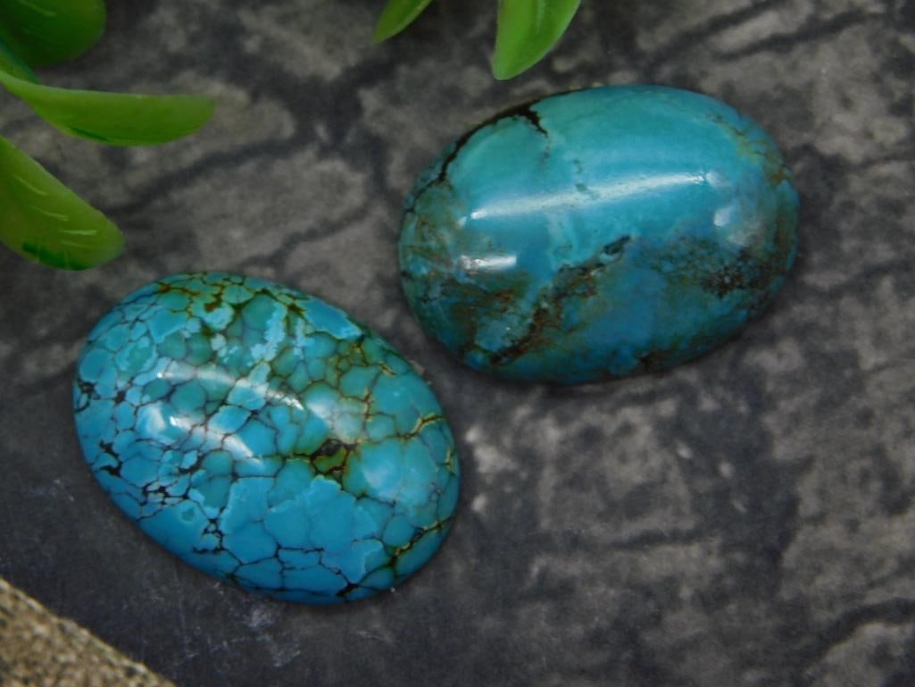 Jewelry Making Turquoise Cabochon Pair - Natural Blue Stones for Setting: Two oval turquoise cabochons, one with a webbed brown matrix pattern and one smooth robin's-egg blue, both polished for jewelry setting use. Stones measure roughly 1 to 1.25 inches in length and are