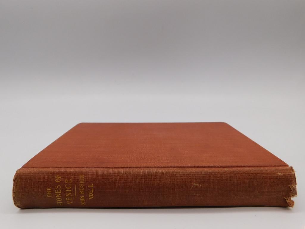 Antique Book: The Stones of Venice by John Ruskin, Volume I: A hardcover antique edition of 'The Stones of Venice: The Foundations' by John Ruskin, Volume One of three, published by Peter Fenelon Collier & Son, New York (circa 1900). The rust-cloth binding