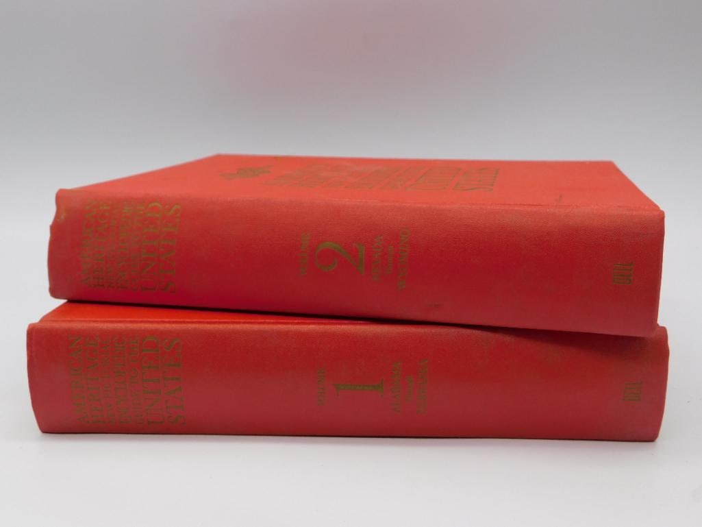Book - American Heritage Encyclopedic Guide to the United States, 2 Volumes: A two-volume set of the American Heritage New Pictorial Encyclopedic Guide to the United States, published 1965 by American Heritage Publishing Co., New York. Bound in red cloth with gilt titling and 