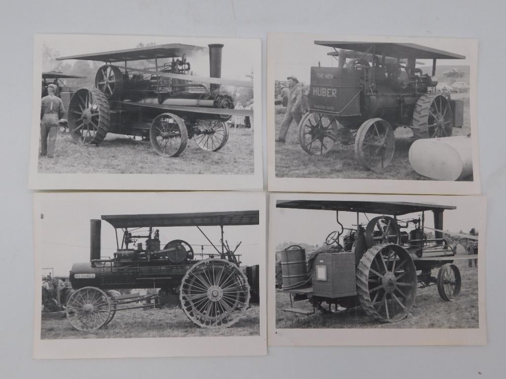 Antique - Set of 4 Steam Traction Engine Photographs: Four black-and-white photographs of antique steam traction engines at a vintage machinery show, including a Huber engine ("The New Huber," Marion, Ohio) and a Russell engine, with operators standing
