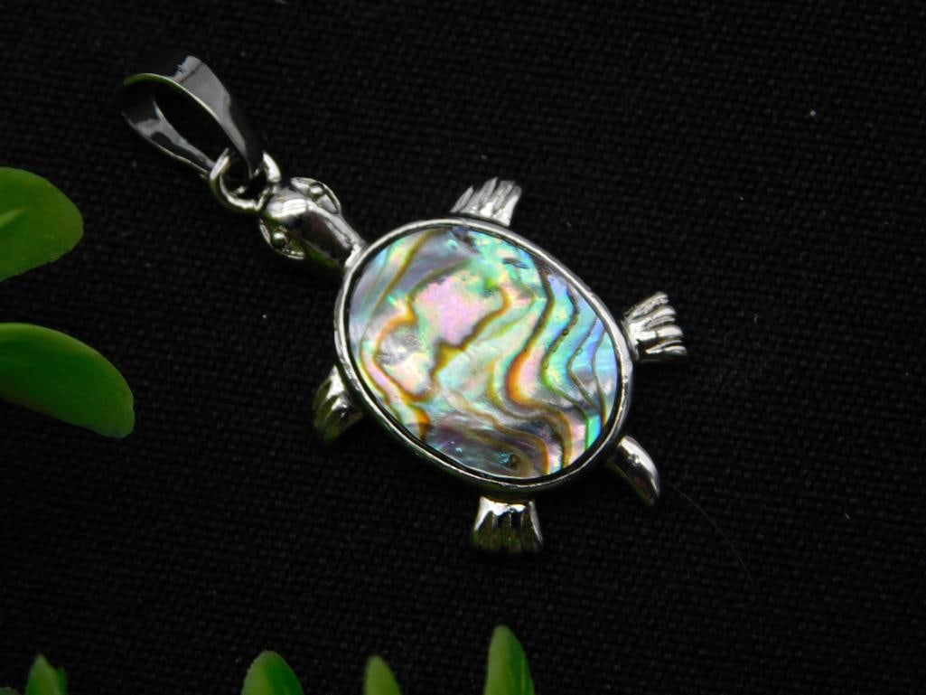 Pendant - Silver Turtle Charm with Abalone Shell Inlay - 2